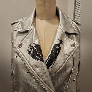 Faux Silver Leather Moto Jacket Handpainted by Storm Ritter